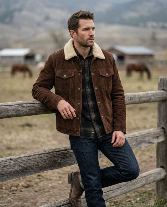 Man wearing Shearling-Collar Suede Western Trucker at ranch