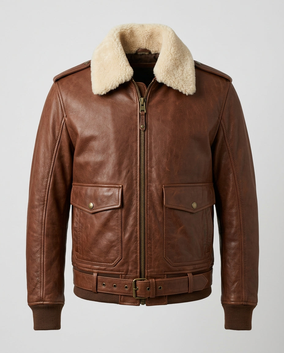 Men's Pilot Leather Jacket with Detachable Shearling Collar – The Bastian — jacket product image
