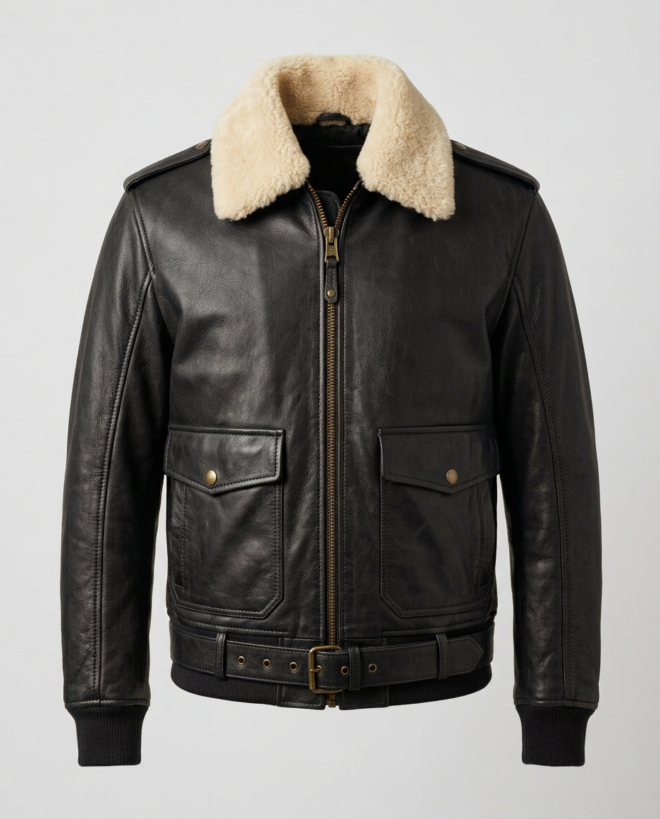Men's Pilot Leather Jacket with Detachable Shearling Collar – The Bastian — jacket product image