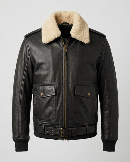 Men's Pilot Leather Jacket with Detachable Shearling Collar – The Bastian — jacket product image