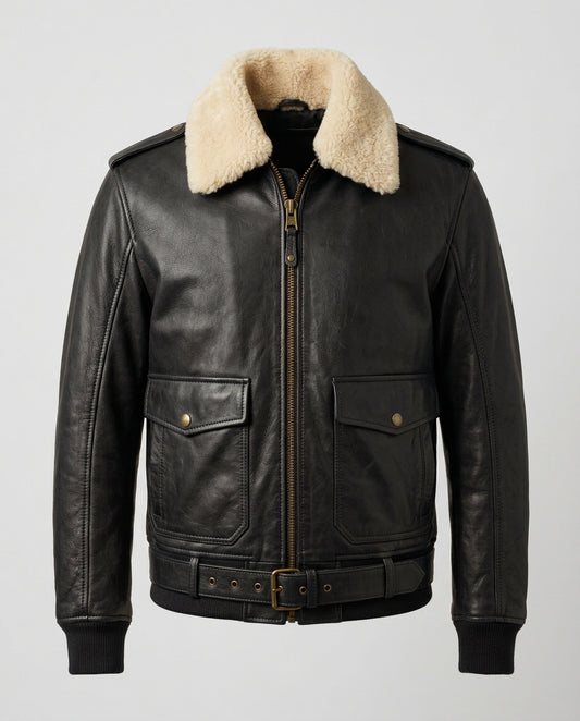 Men's Pilot Leather Jacket with Detachable Shearling Collar – The Bastian — jacket product image