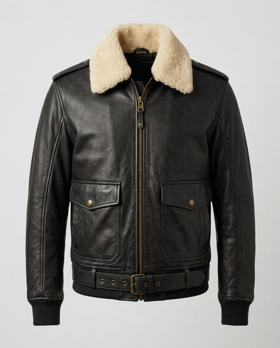 Men's Pilot Leather Jacket with Detachable Shearling Collar – The Bastian — jacket product image