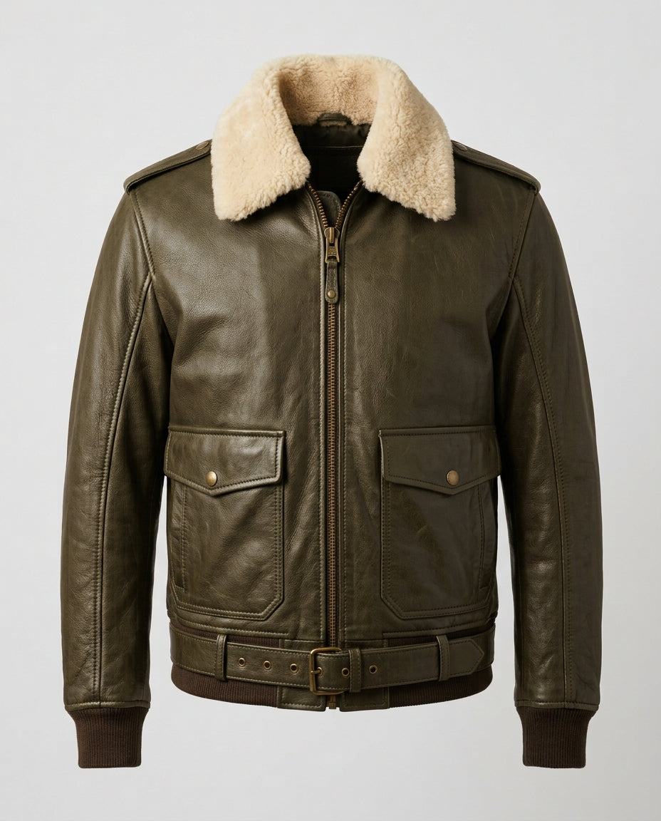 Men's Pilot Leather Jacket with Detachable Shearling Collar – The Bastian — jacket product image