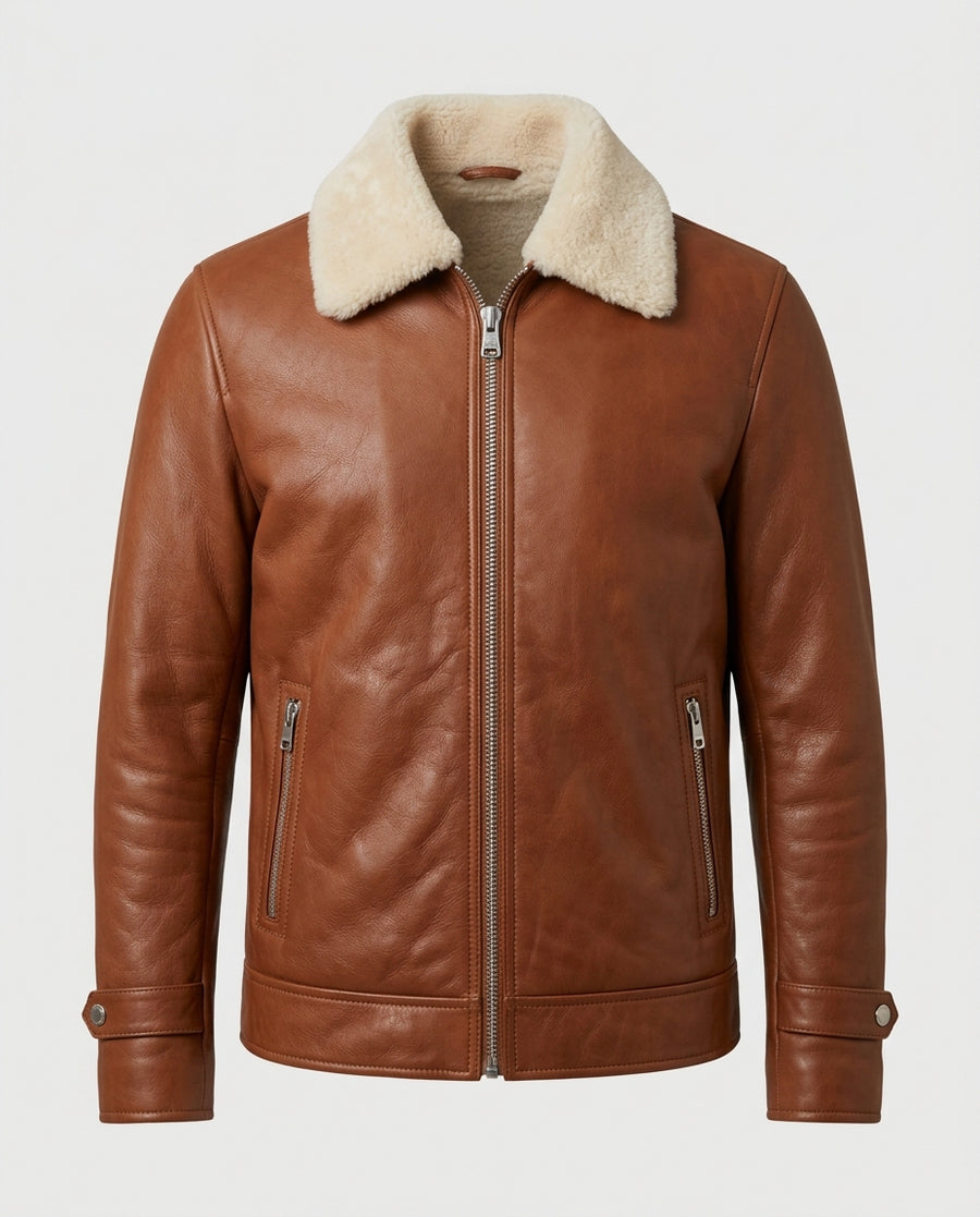 Men_s Shearling-Collar Leather Jacket Brown