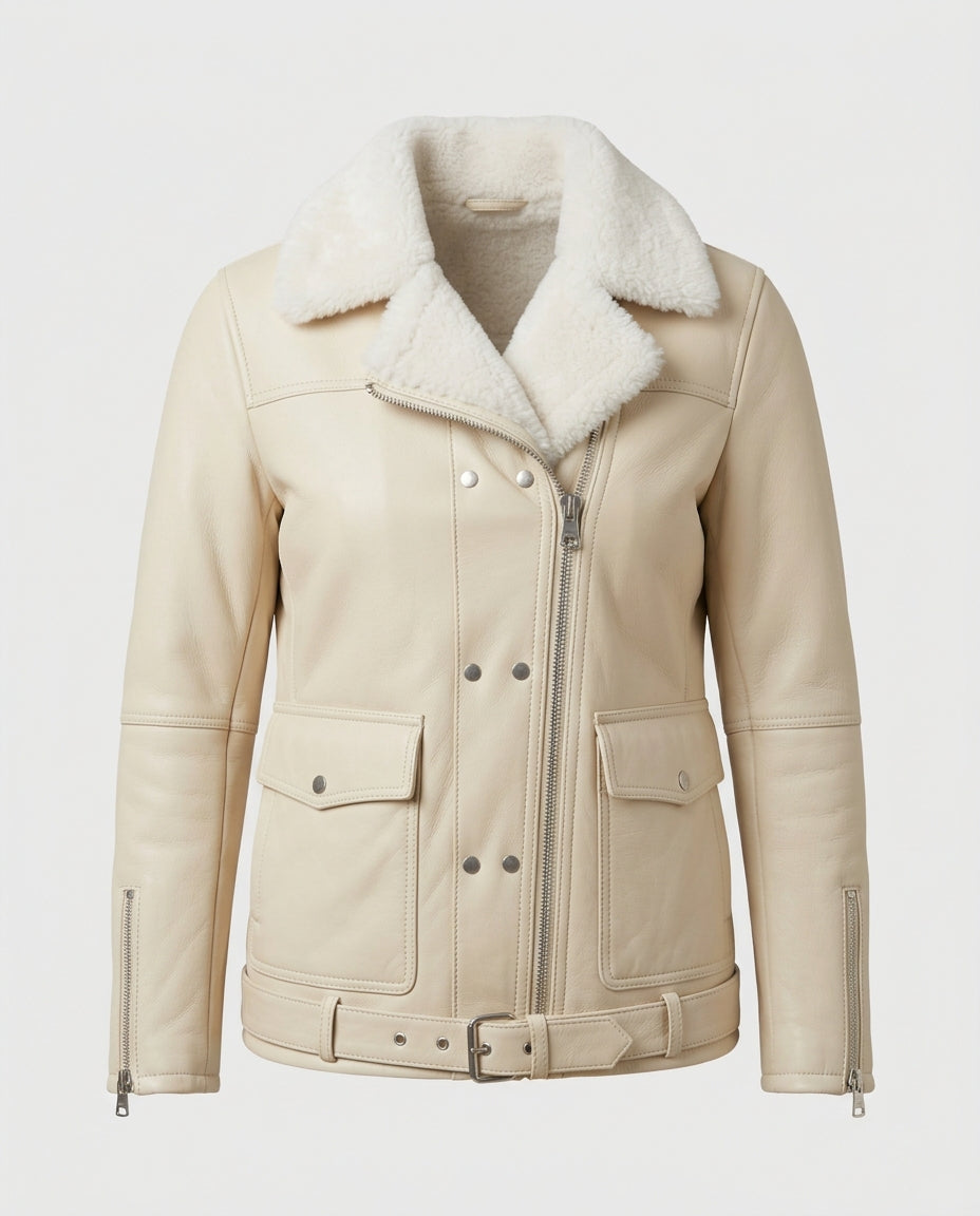 Women_s Shearling Biker Jacket Cream