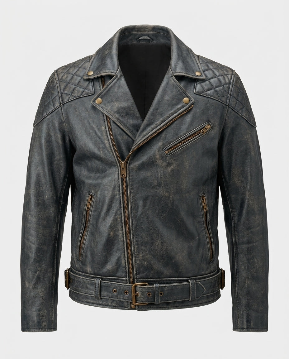 Men_s Distressed Leather Biker Jacket Gray