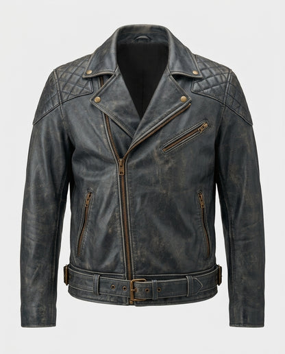 Men_s Distressed Leather Biker Jacket Gray