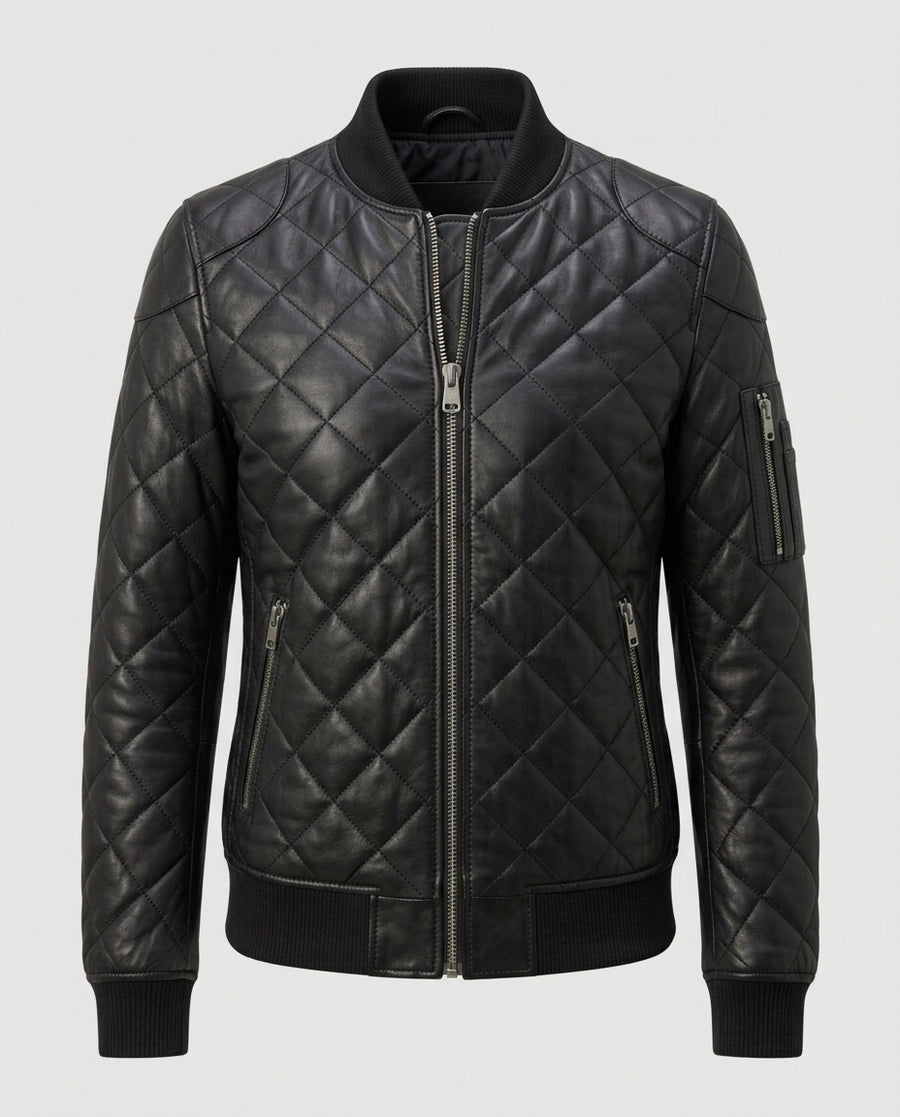 Men_s Quilted Insulated Leather Bomber Jacket Black