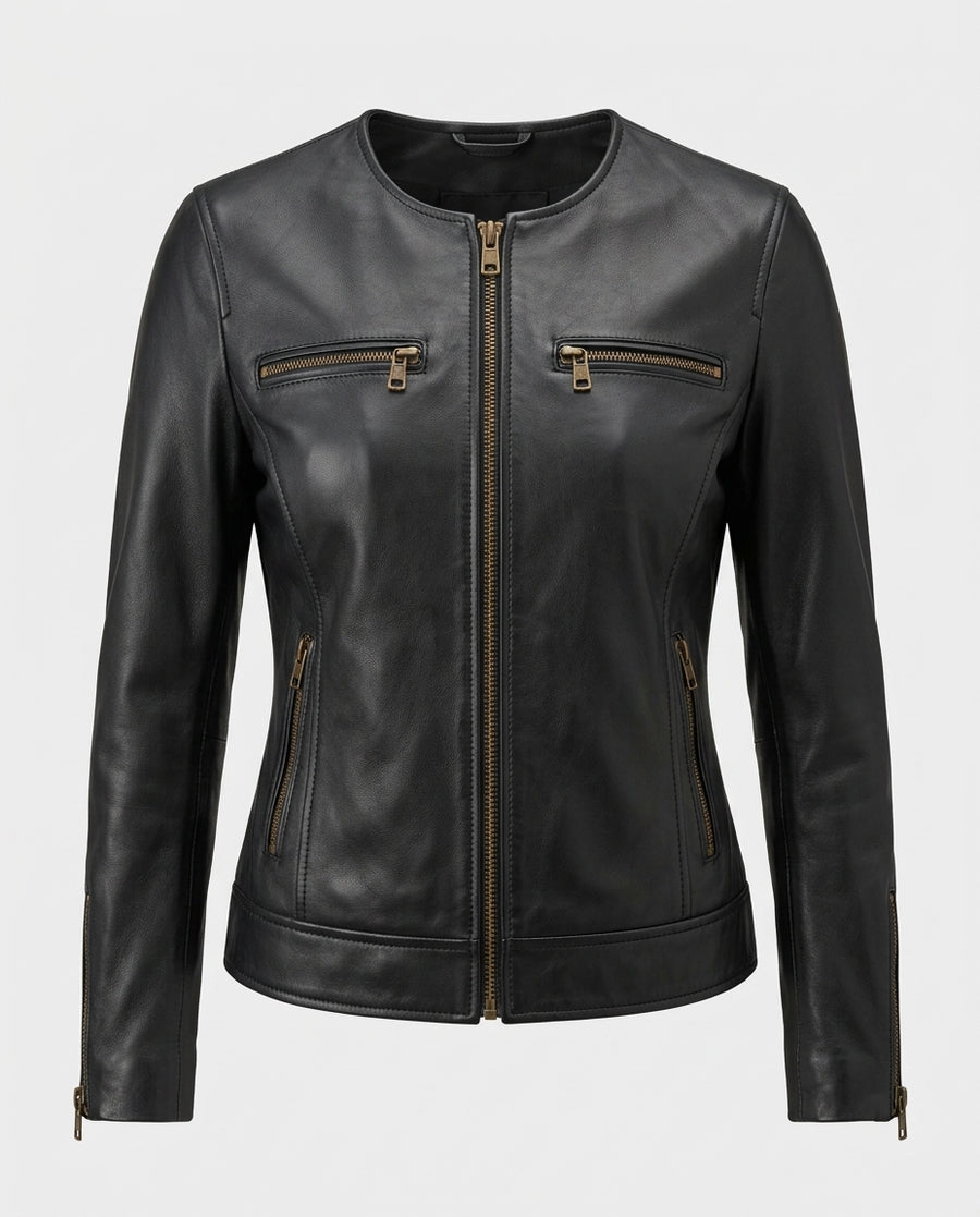 Women_s Cafe Racer Leather Jacket Black
