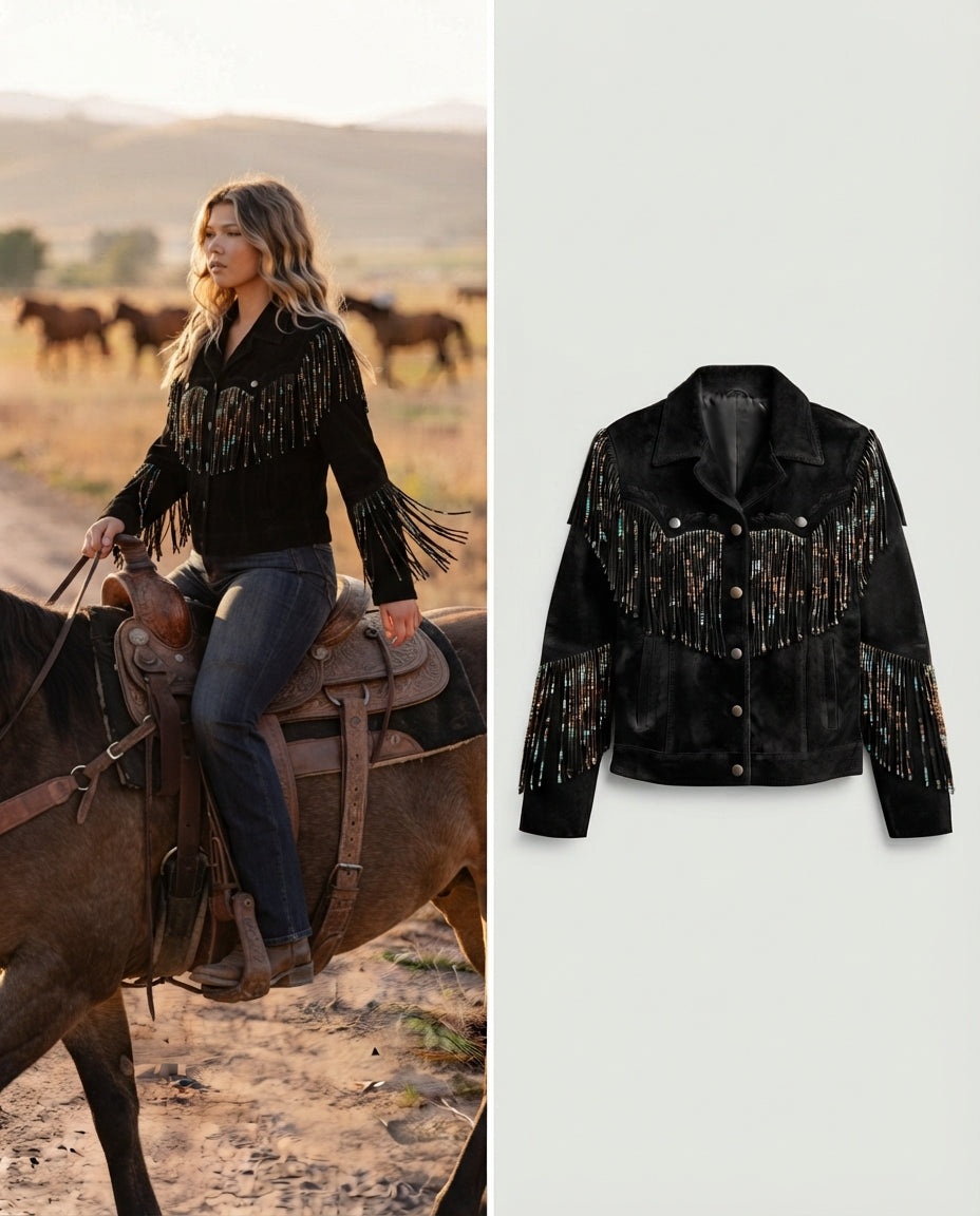 Women's Beaded Fringe Suede Western Jacket in black — jacket product image