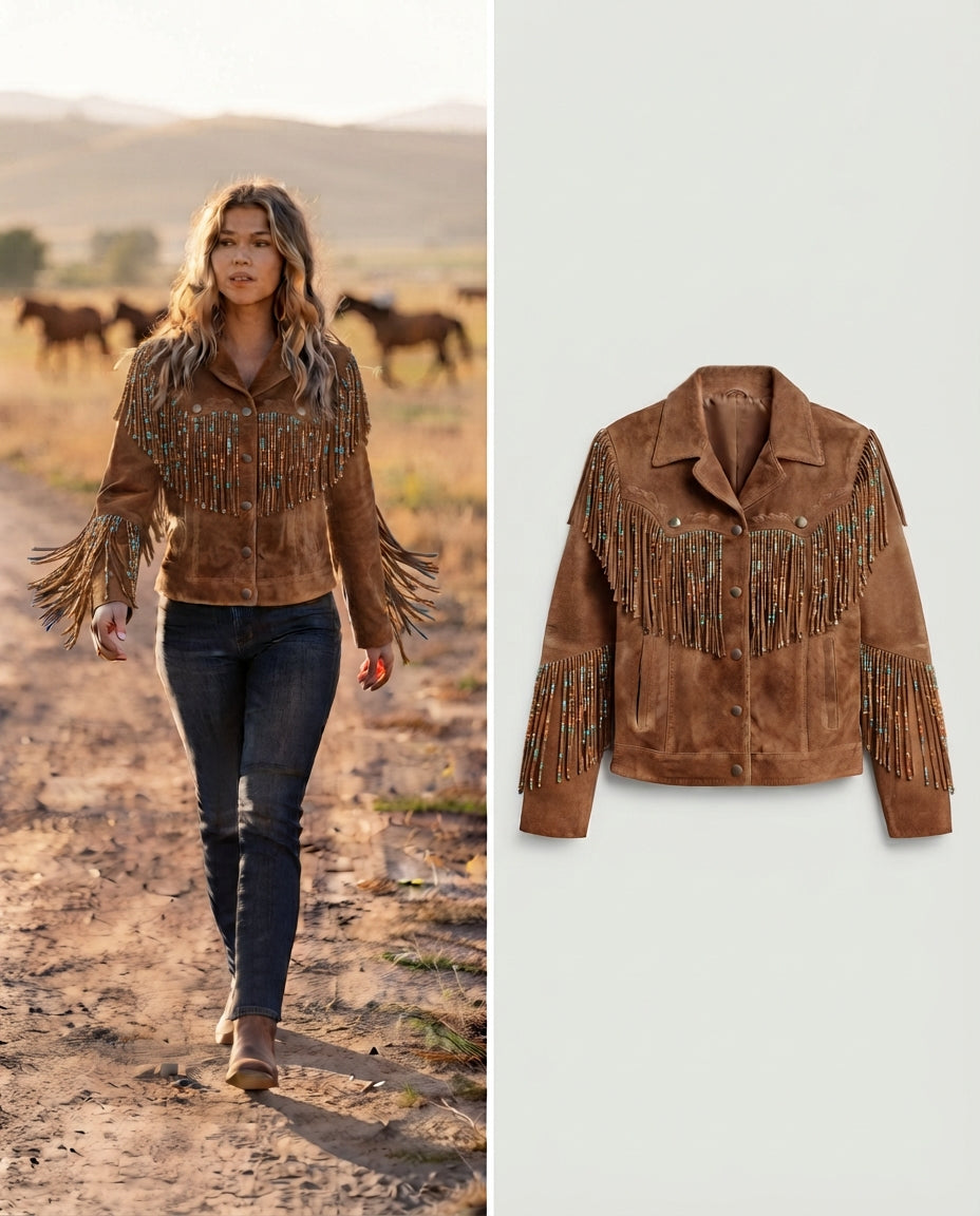 Women's Beaded Fringe Suede Western Jacket in brown — jacket product image