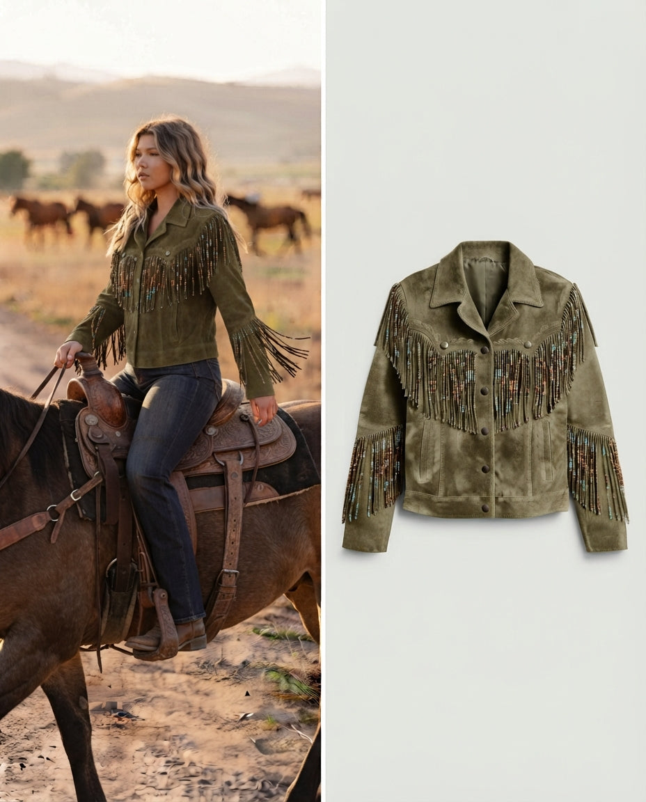 Women's Beaded Fringe Suede Western Jacket in olivegreen — jacket product image