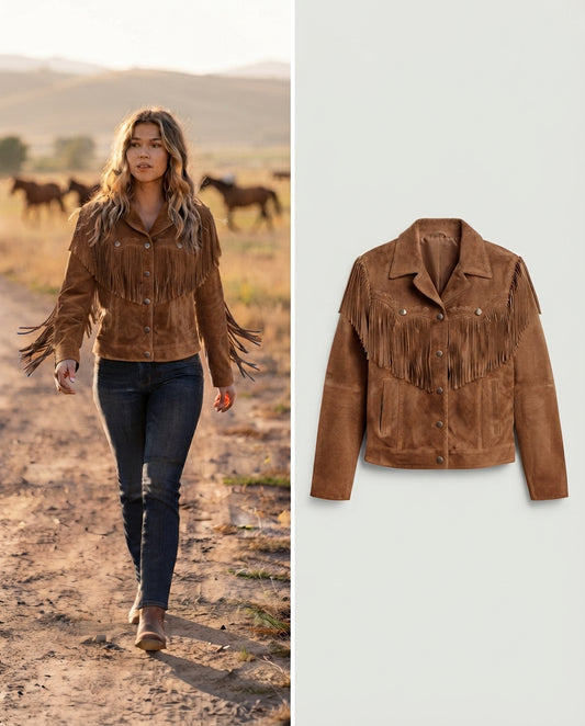 Women's Blue Suede Fringe Western Jacket in bronze — jacket product image