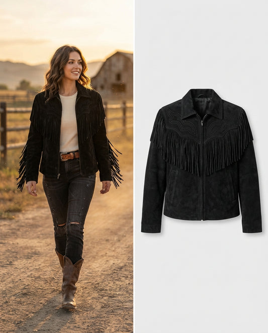 Women's Handmade Suede Fringe Jacket – Gift for Her in black — jacket product image