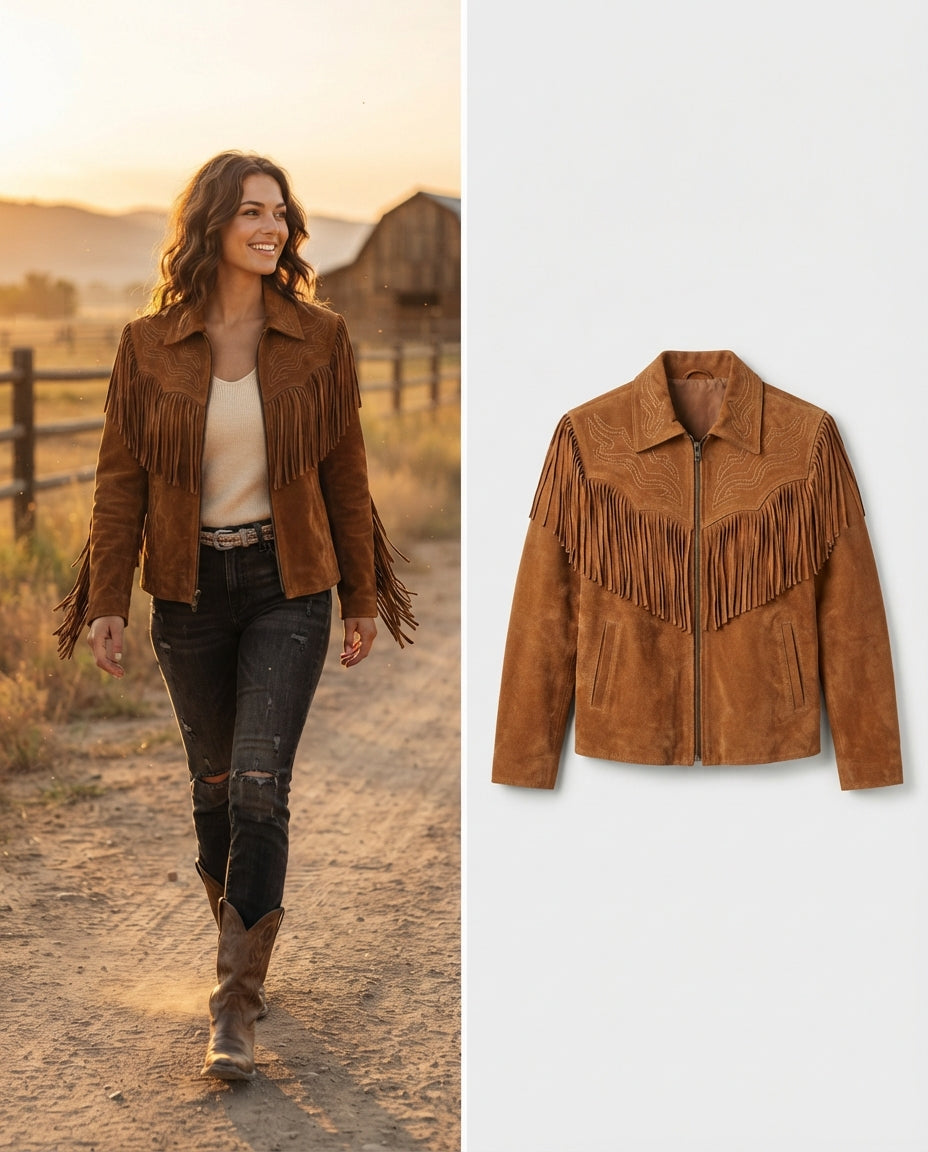 Women's Handmade Suede Fringe Jacket – Gift for Her in bronze — jacket product image