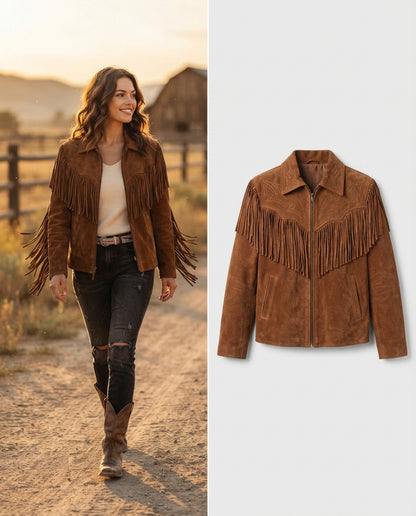 Women's Handmade Suede Fringe Jacket – Gift for Her in brown — jacket product image