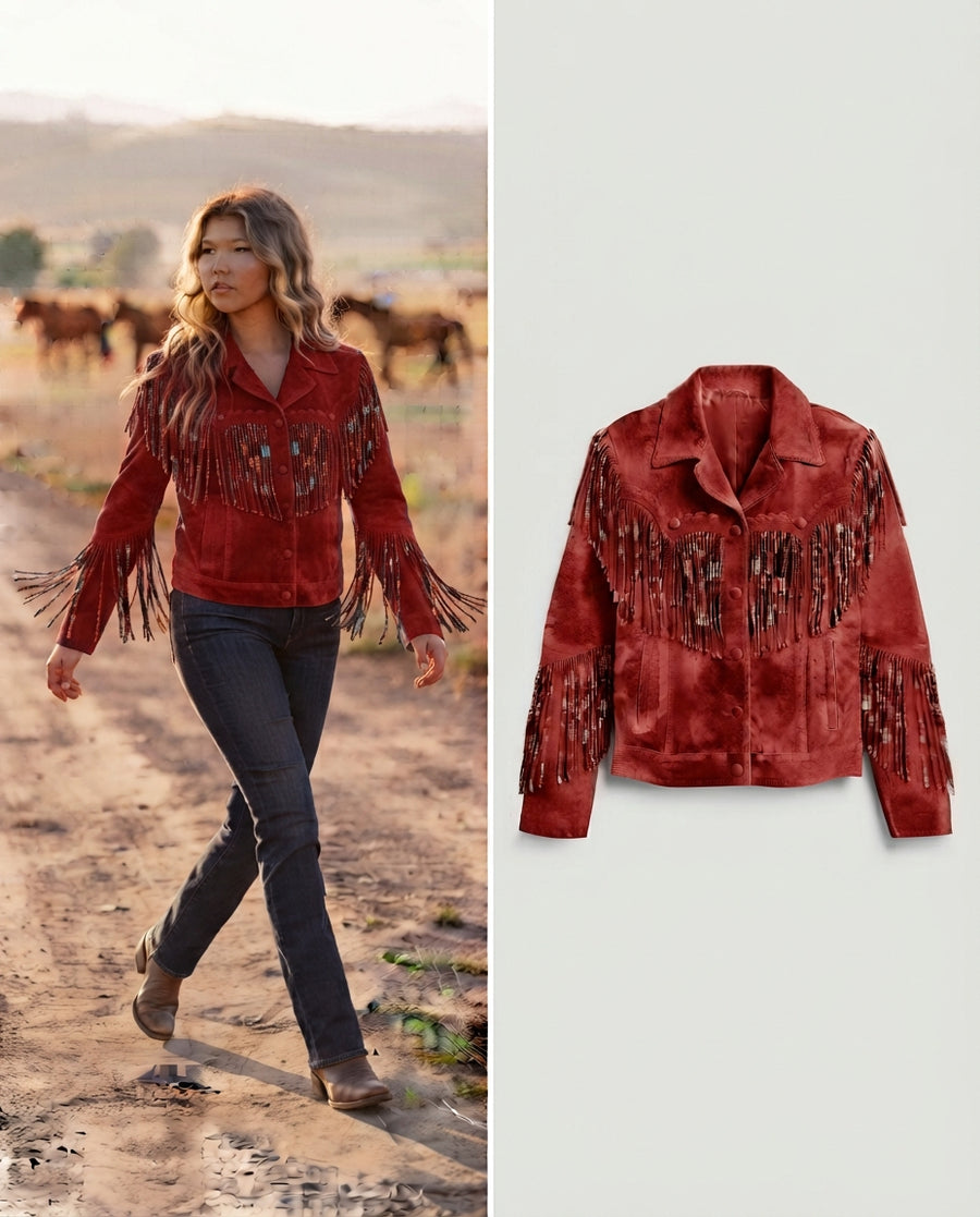Women's Handmade Vintage Fringe Suede Jacket in red — jacket product image