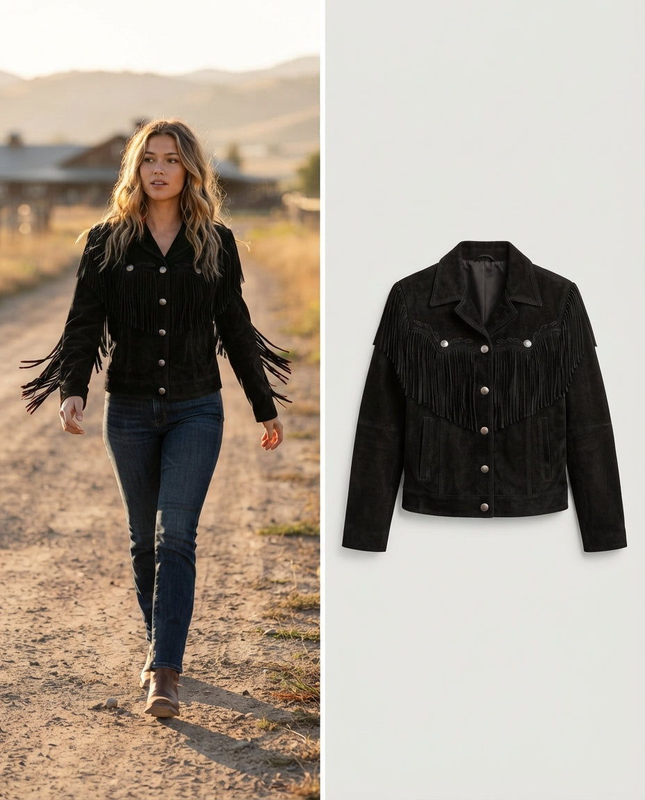 Women's Red Suede Fringe Western Jacket in black — jacket product image