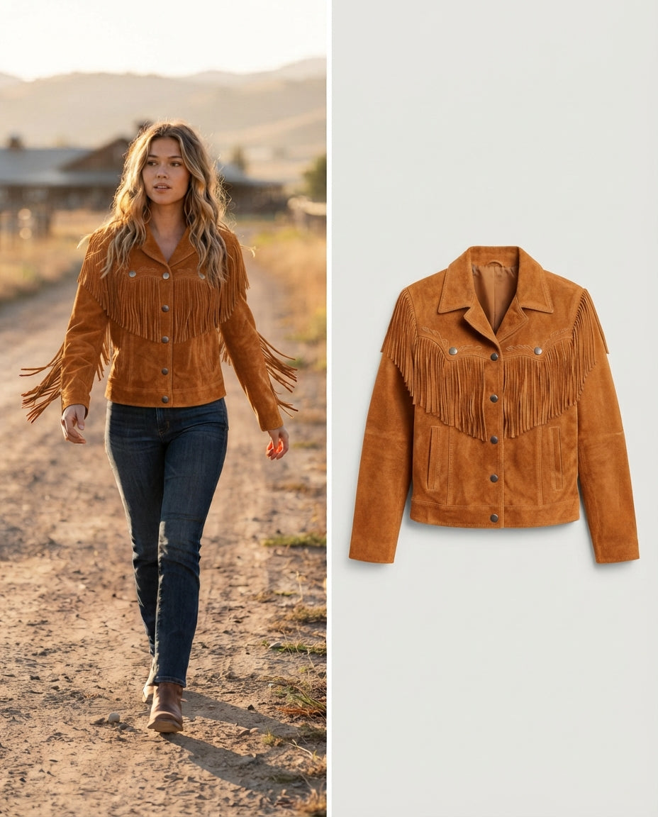 Women's Red Suede Fringe Western Jacket in bronze — jacket product image