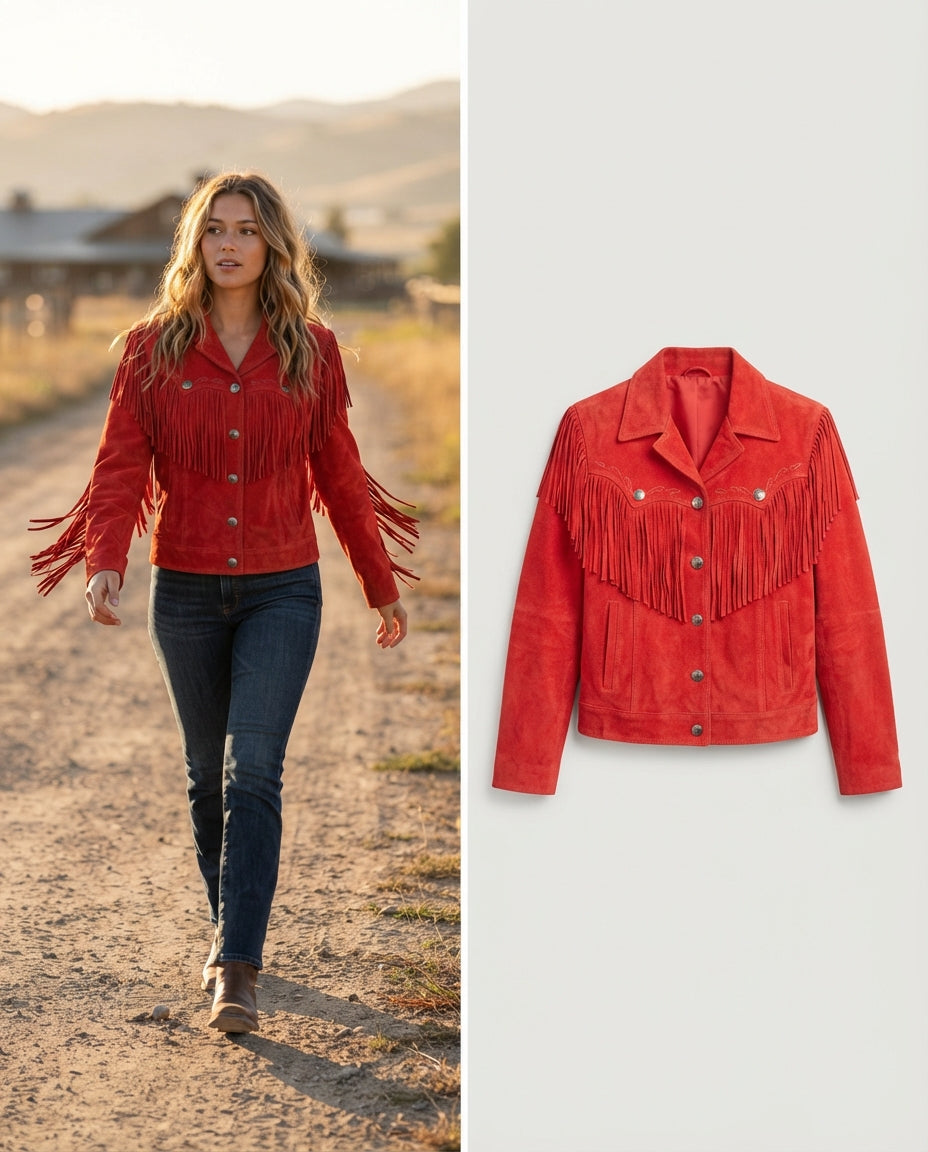 Women's Red Suede Fringe Western Jacket in red — jacket product image