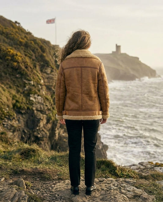 A woman viewed from behind wearing a brown shearling-lined jacket, standing on a rocky cliffside overlooking the ocean with a castle in the distance.