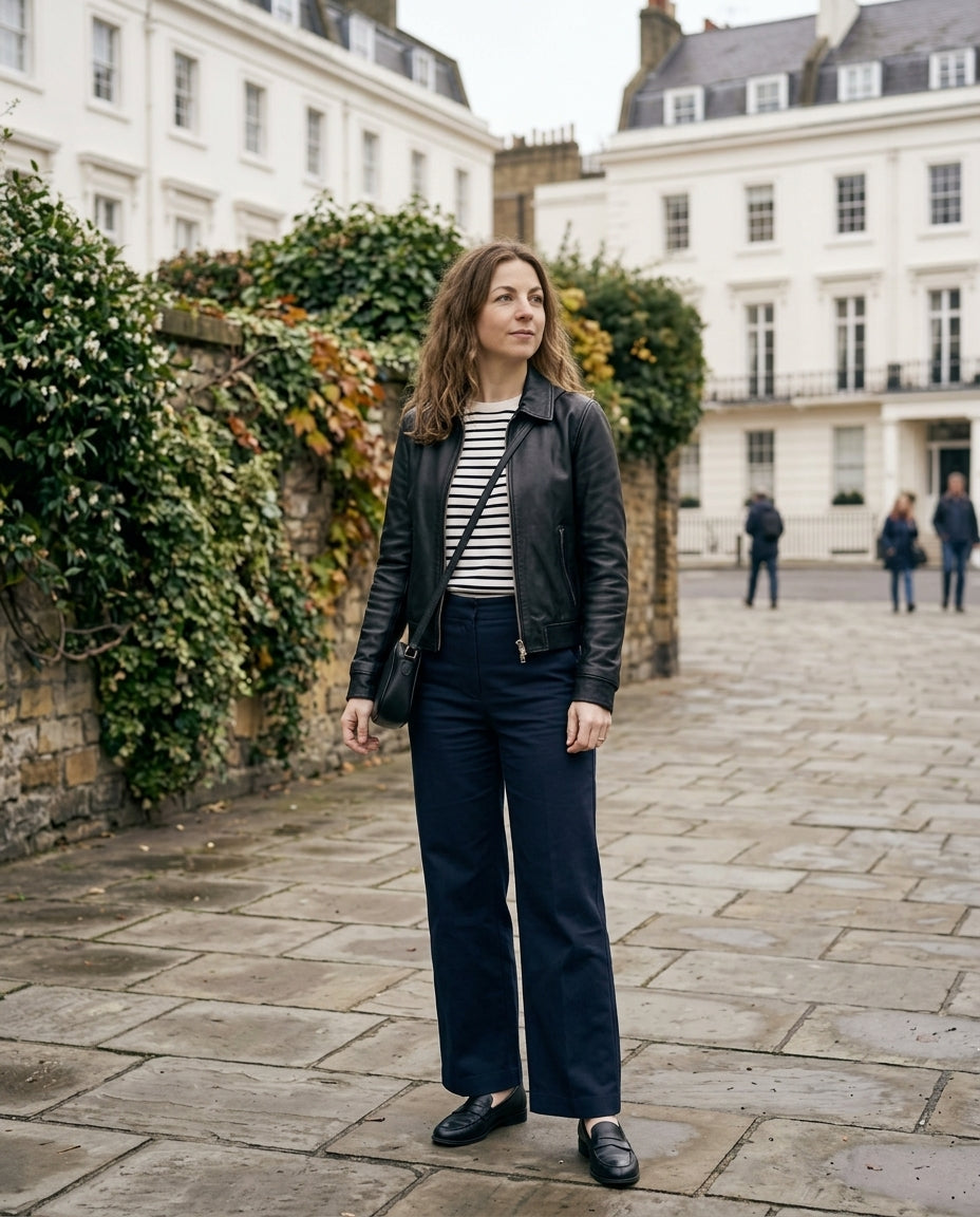 A woman stands on a stone courtyard path wearing a black leather jacket, a black and white striped top, navy wide-leg trousers, and black loafers, with white buildings and green ivy in the background.