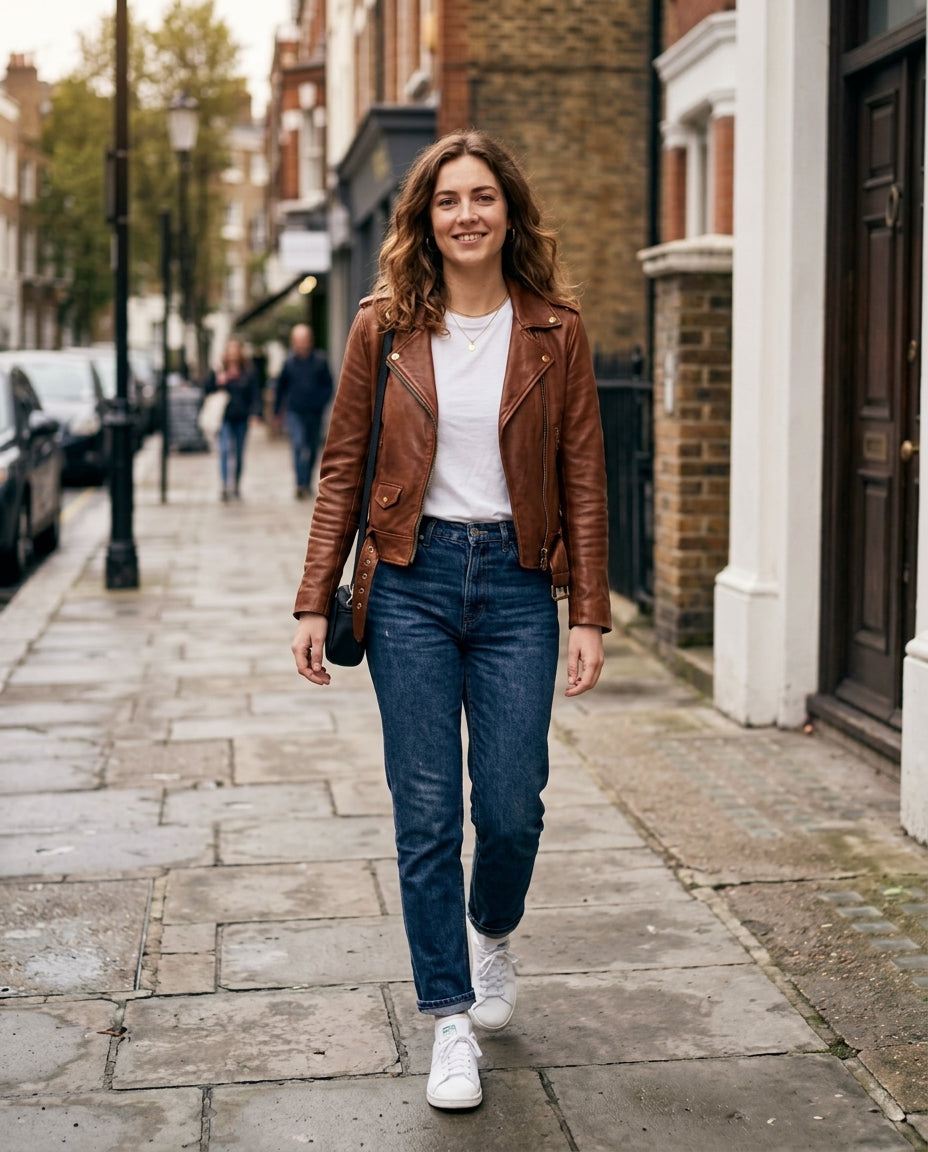A woman walking on a city sidewalk wearing a brown leather moto jacket, white t-shirt, blue jeans, and white sneakers.