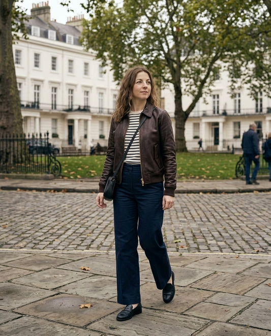 A woman stands on a stone courtyard path wearing a black leather jacket, a black and white striped top, navy wide-leg trousers, and black loafers, with white buildings and green ivy in the background.