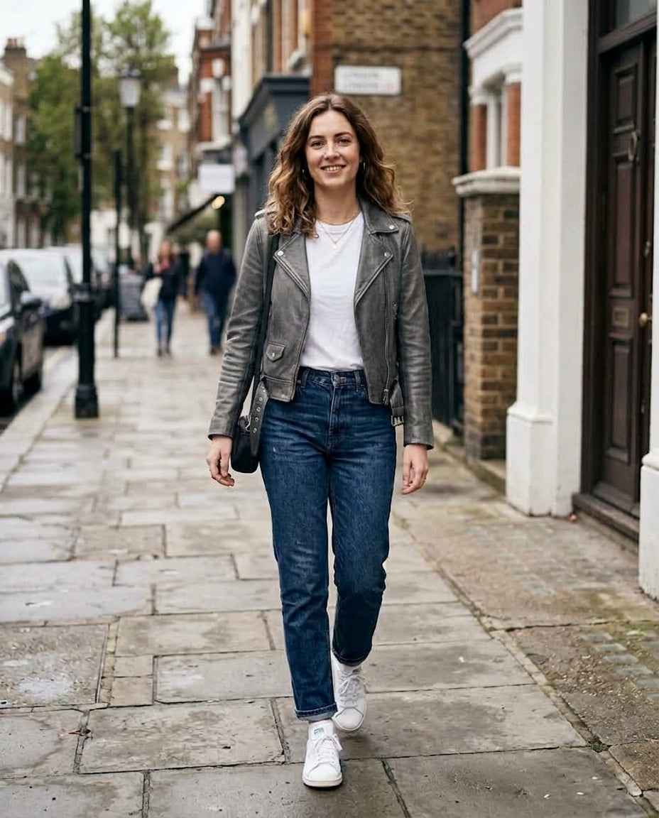A woman walking on a city sidewalk wearing a grey leather moto jacket, white t-shirt, blue jeans, and white sneakers.