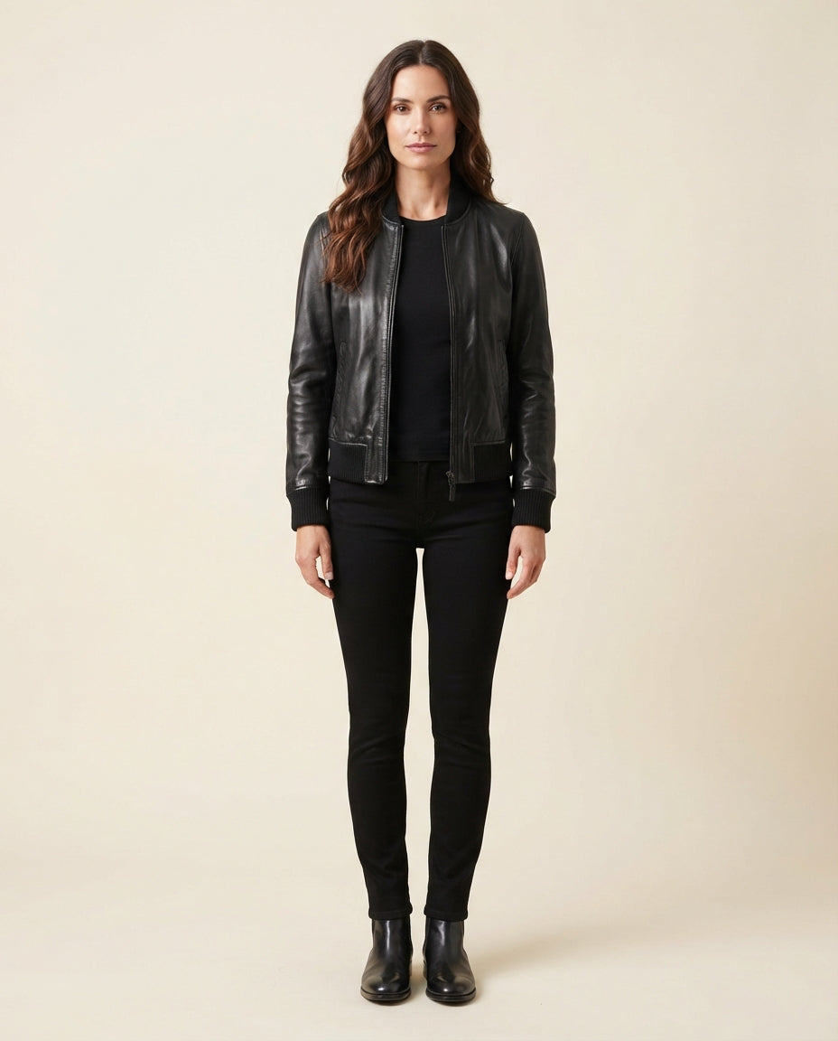 A woman stands against a plain beige studio background wearing a black leather bomber jacket over a black top and black skinny pants with black ankle boots.