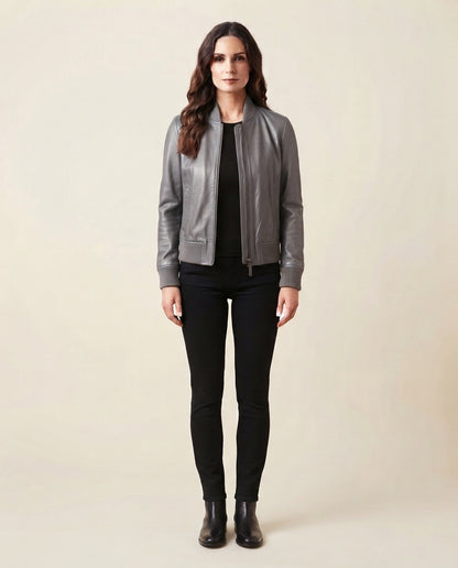 Women's Leather Bomber Jacket – The Aria in gray — jacket product image