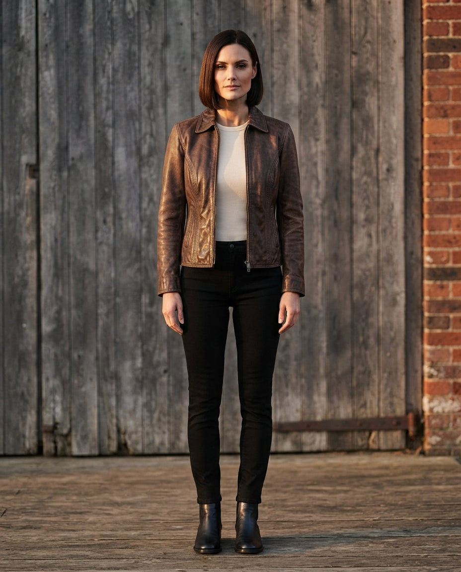 A woman stands outdoors in front of a weathered wooden door and brick wall, wearing a brown leather moto jacket over a cream top with black pants and black ankle boots.