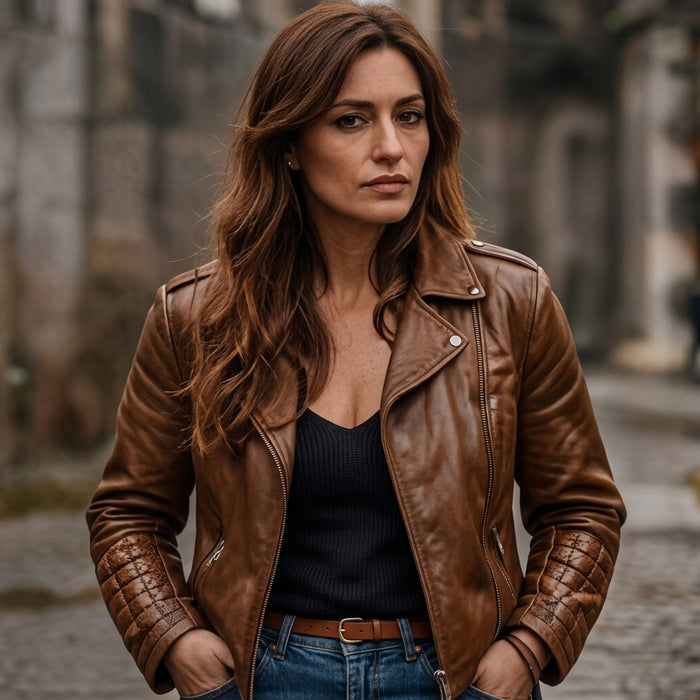 A woman wearing a brown leather moto jacket with quilted elbow patches, a black ribbed top, and blue jeans, standing in a blurred outdoor street setting.
