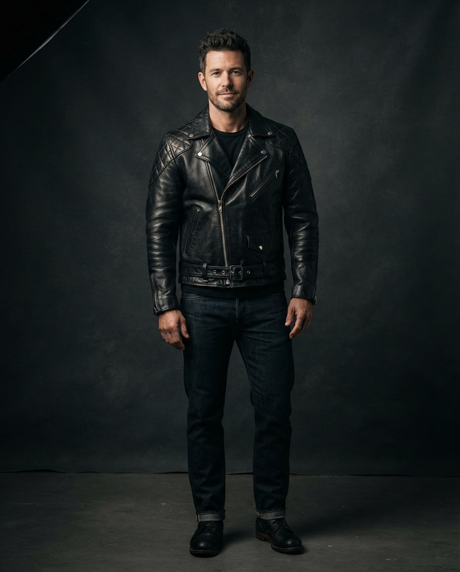Men's Black Leather Biker Jacket – The Callum in black — jacket product image