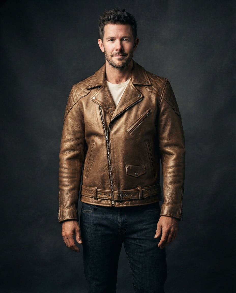 Men's Black Leather Biker Jacket – The Callum in bronze — jacket product image