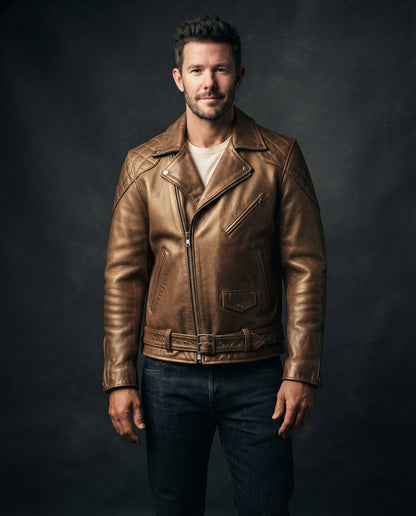 Men's Black Leather Biker Jacket – The Callum in bronze — jacket product image