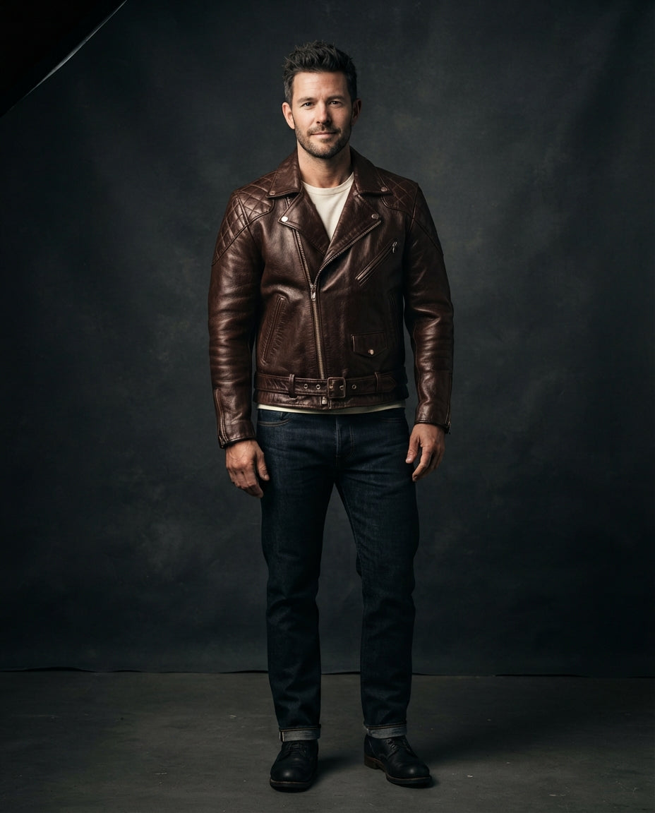 Men's Black Leather Biker Jacket – The Callum in brown — jacket product image