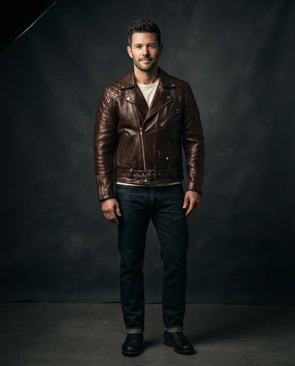 Men's Black Leather Biker Jacket – The Callum in brown — jacket product image