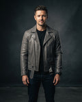 Men's gray leather biker jacket with asymmetric zip, belted waist and quilted shoulders, The Callum Gray