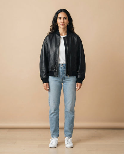 Women's oversized black leather bomber jacket with ribbed cuffs and hem, The Clara Black