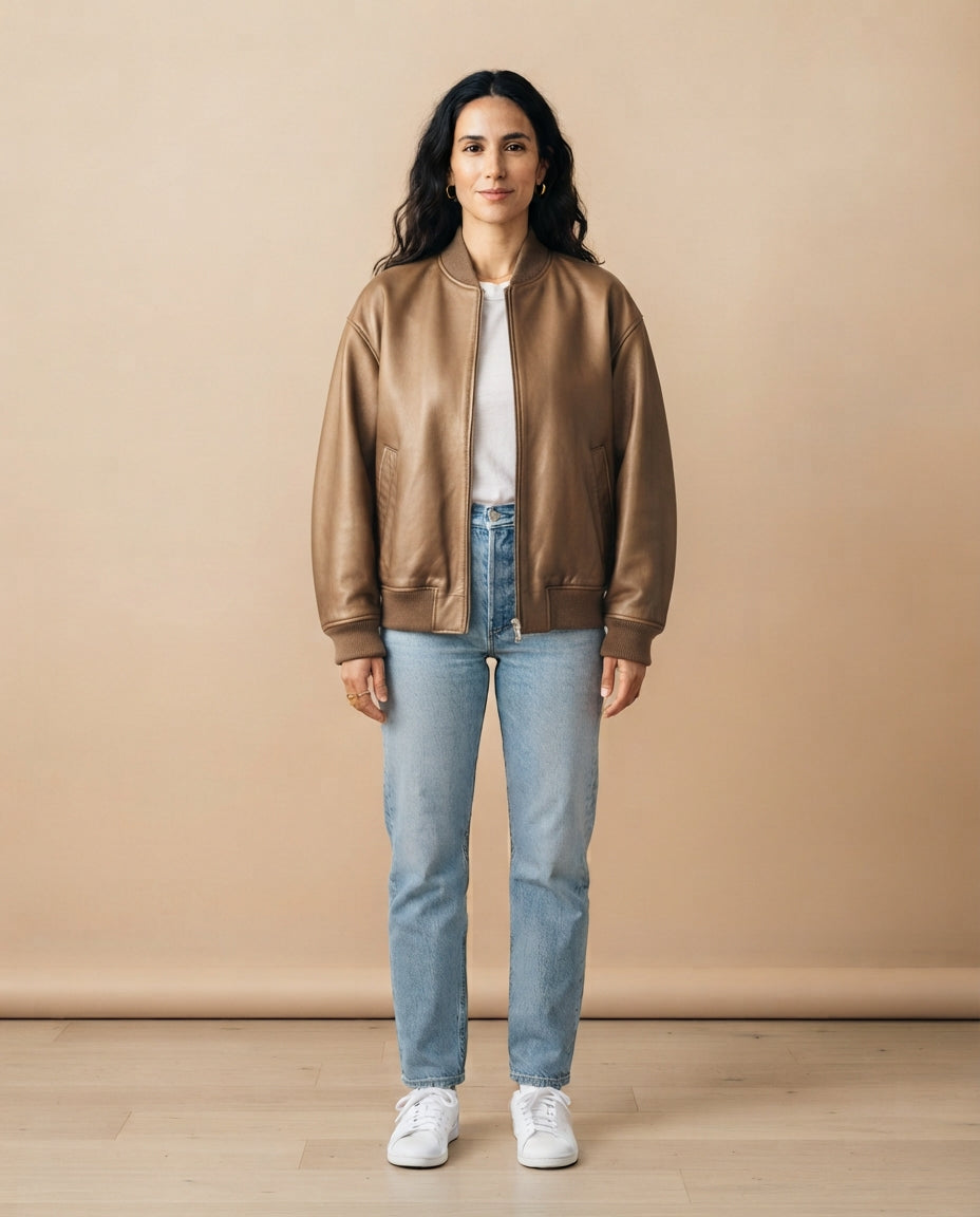 Women's oversized bronze leather bomber jacket with ribbed cuffs and hem, The Clara Bronze