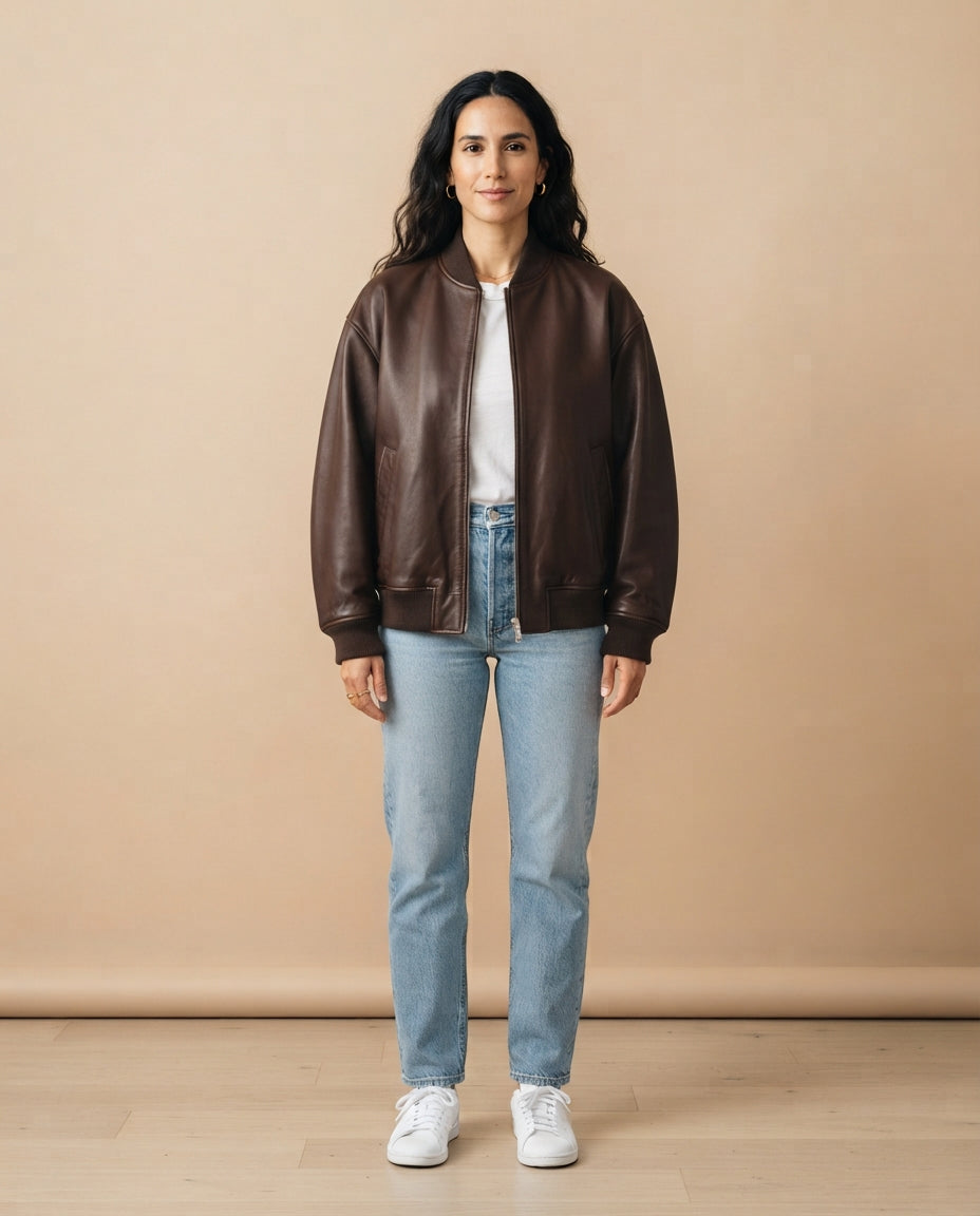 Women's oversized brown leather bomber jacket with ribbed cuffs and hem, The Clara Brown