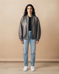 Women's oversized gray leather bomber jacket with ribbed cuffs and hem, The Clara Gray