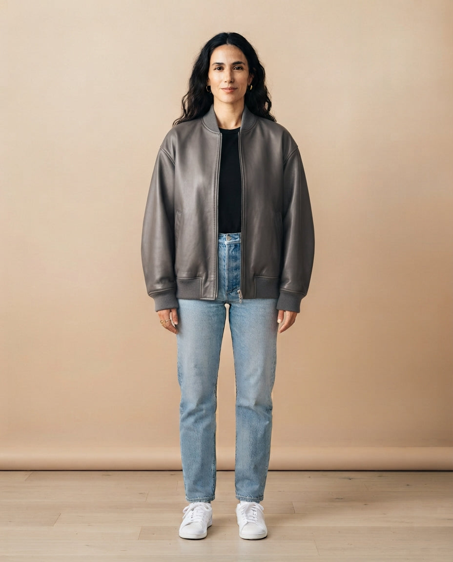 Women's oversized gray leather bomber jacket with ribbed cuffs and hem, The Clara Gray