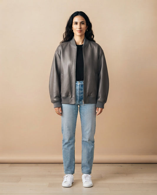 Women's oversized gray leather bomber jacket with ribbed cuffs and hem, The Clara Gray