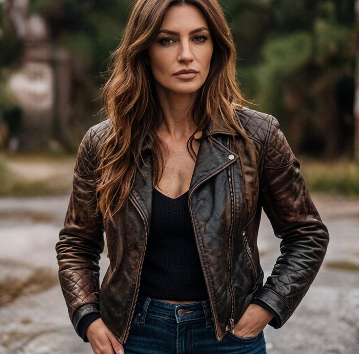 A woman wearing a distressed brown leather moto jacket with quilted shoulder panels, styled with a black top and blue jeans, standing outdoors on a blurred path.
