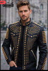 Gold Studded Cafe Racer Leather Jacket