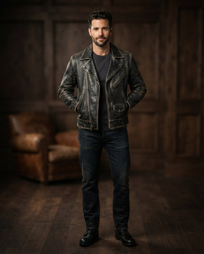 Men's black hand-distressed vintage leather jacket, full body view – The Drifter