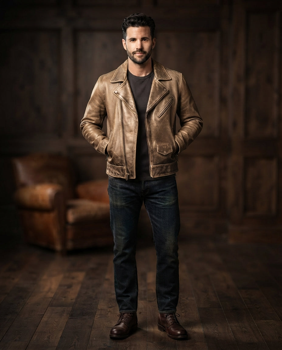 Men's bronze hand-distressed vintage leather jacket, full body view – The Drifter
