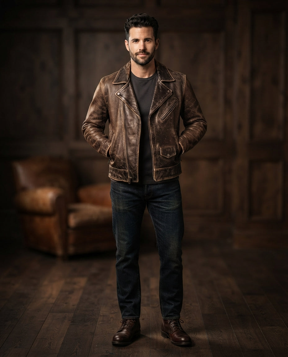Men's brown hand-distressed vintage leather jacket, full body view – The Drifter
